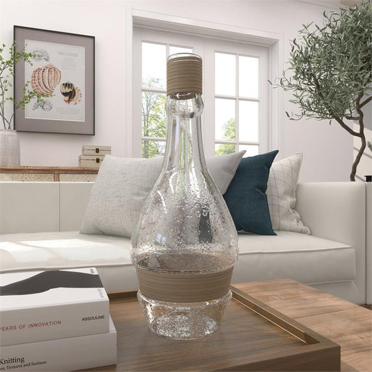 CLEAR GLASS VASE WITH RATTAN DETAIL