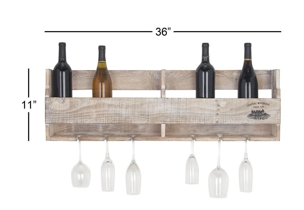 BROWN WOOD 10 BOTTLE WALL WINE RACK WITH 6 GLASS HOLDER SLOTS