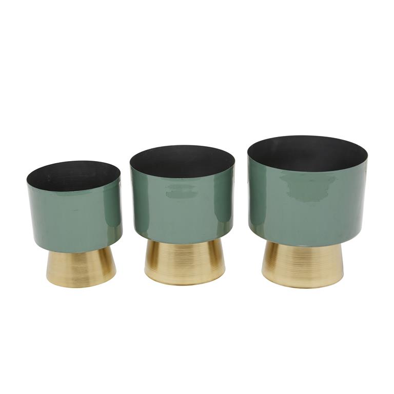 GREEN METAL PLANTER WITH GOLD BASE