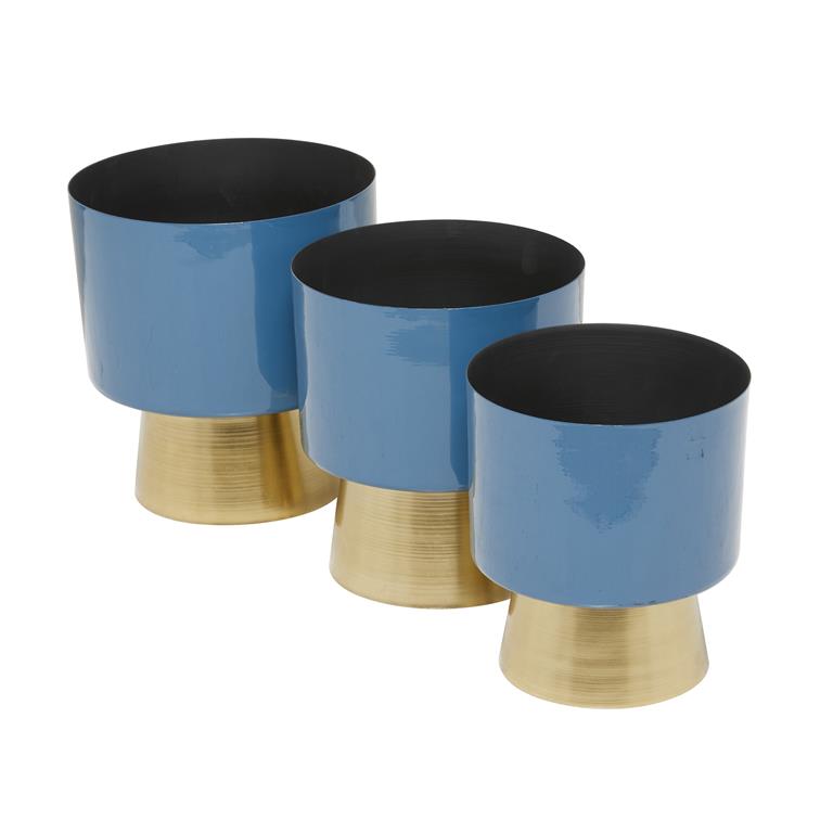 BLUE METAL PLANTER WITH GOLD BASE