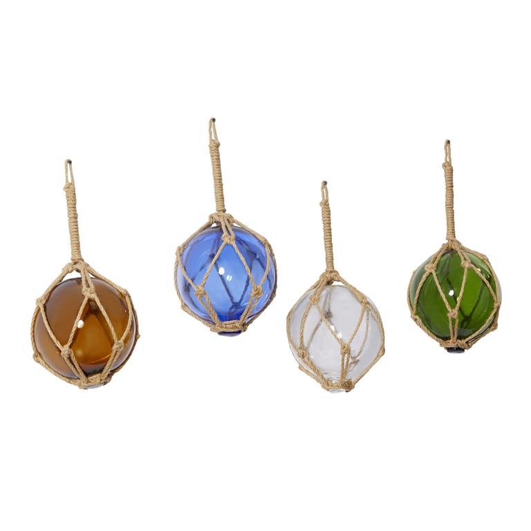 MULTI COLORED GLASS BUOY SCULPTURE WITH ROPE ACCENTS