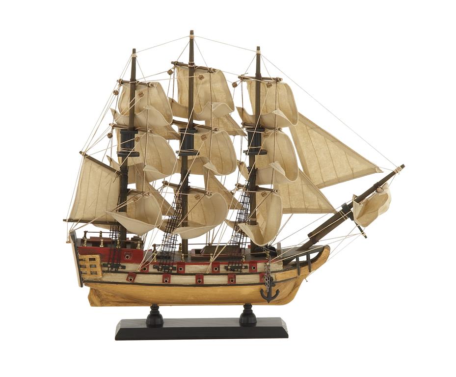 BEIGE WOOD SAIL BOAT SCULPTURE WITH LIFELIKE RIGGING,
