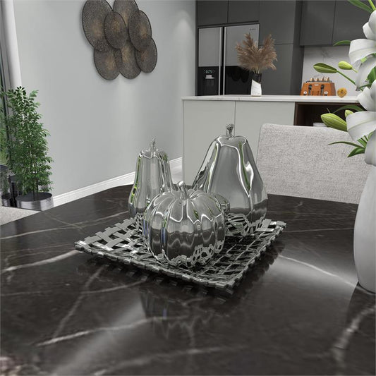 SILVER CERAMIC FRUIT DECORATIVE SCULPTURE WITH PLATE,