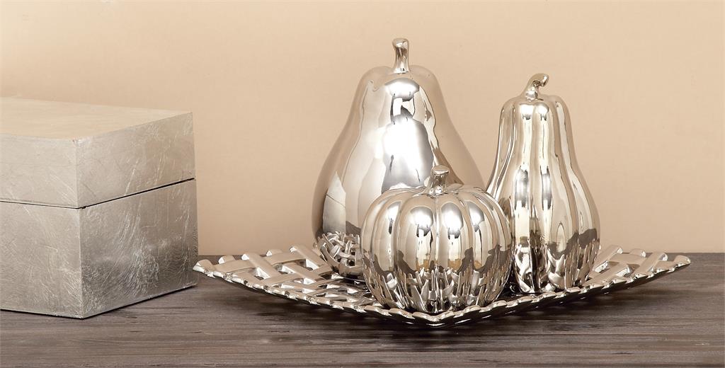 SILVER CERAMIC FRUIT DECORATIVE SCULPTURE WITH PLATE,