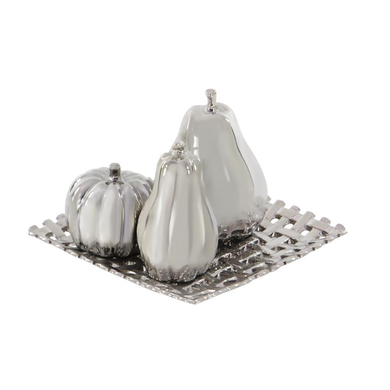SILVER CERAMIC FRUIT DECORATIVE SCULPTURE WITH PLATE,