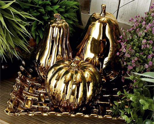 GOLD CERAMIC FRUIT DECORATIVE SCULPTURE WITH PLATE