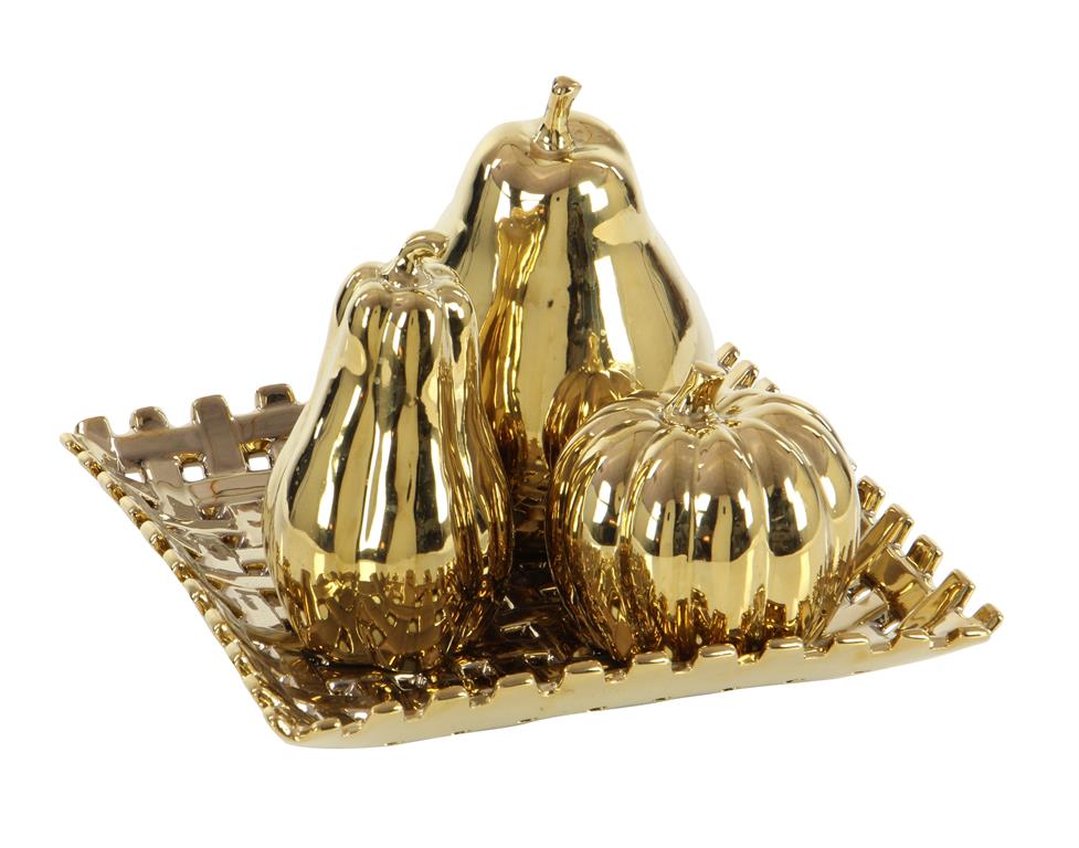 GOLD CERAMIC FRUIT DECORATIVE SCULPTURE WITH PLATE