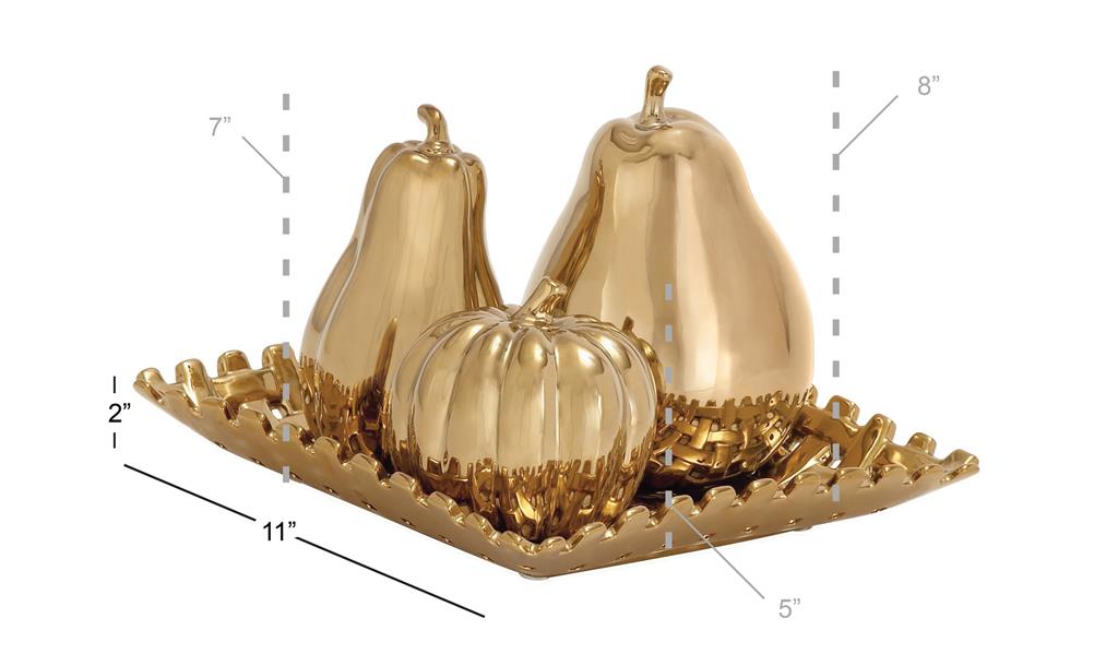 GOLD CERAMIC FRUIT DECORATIVE SCULPTURE WITH PLATE