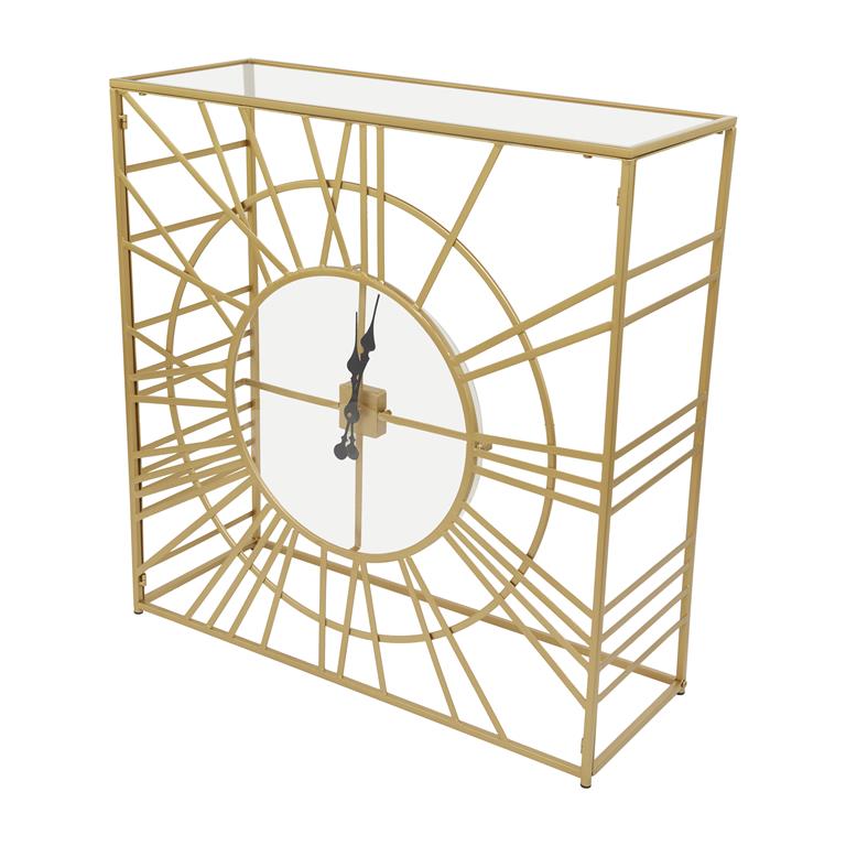GOLD METAL CONSOLE TABLE WITH CLEAR GLASS TOP AND CLOCK FRONT