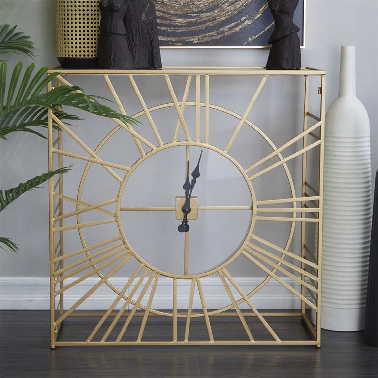 GOLD METAL CONSOLE TABLE WITH CLEAR GLASS TOP AND CLOCK FRONT