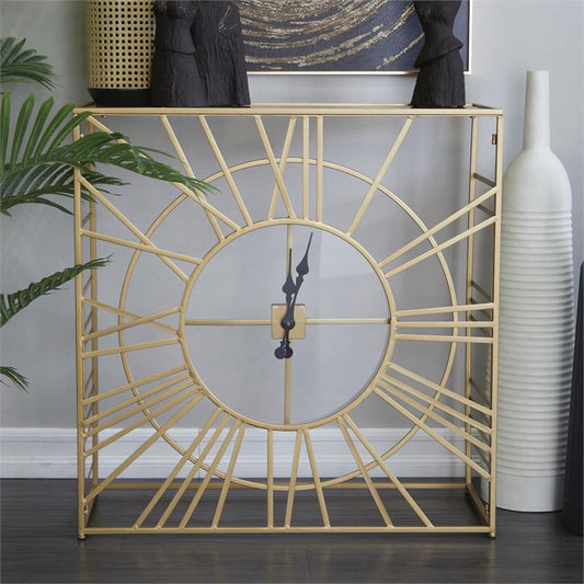 GOLD METAL CONSOLE TABLE WITH CLEAR GLASS TOP AND CLOCK FRONT