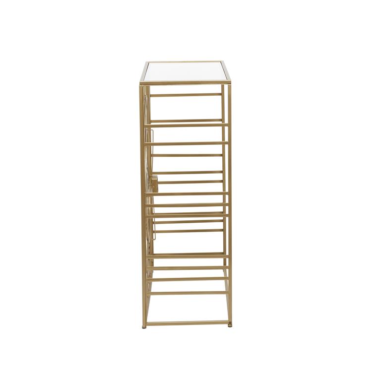 GOLD METAL CONSOLE TABLE WITH CLEAR GLASS TOP AND CLOCK FRONT