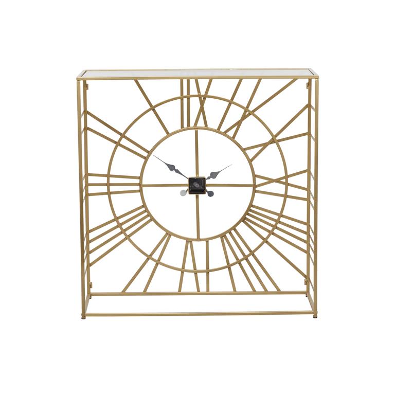 GOLD METAL CONSOLE TABLE WITH CLEAR GLASS TOP AND CLOCK FRONT