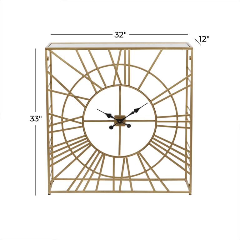 GOLD METAL CONSOLE TABLE WITH CLEAR GLASS TOP AND CLOCK FRONT