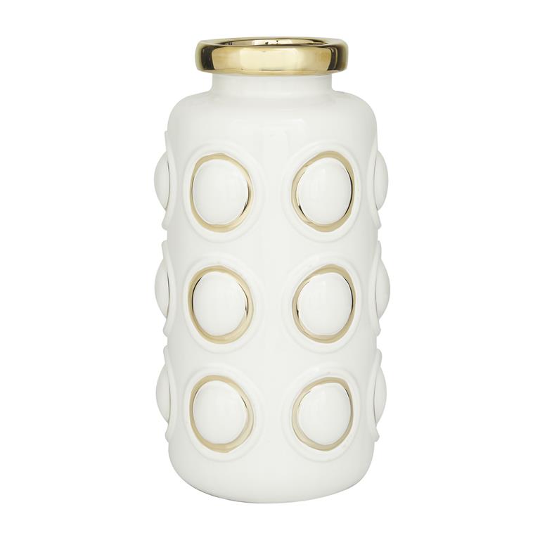 COSMOLIVING BY COSMOPOLITAN WHITE CERAMIC VASE WITH GOLD CIRCLE ACCENTS