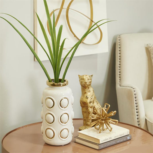 COSMOLIVING BY COSMOPOLITAN WHITE CERAMIC VASE WITH GOLD CIRCLE ACCENTS