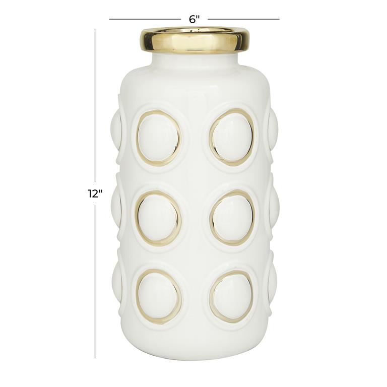 COSMOLIVING BY COSMOPOLITAN WHITE CERAMIC VASE WITH GOLD CIRCLE ACCENTS