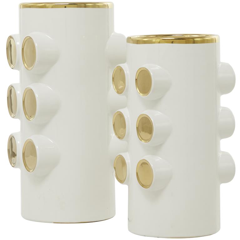 COSMOLIVING BY COSMOPOLITAN WHITE CERAMIC VASE WITH GOLD CIRCLE ACCENTS