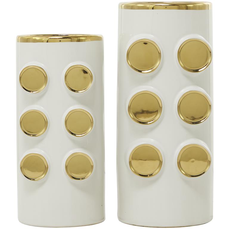 COSMOLIVING BY COSMOPOLITAN WHITE CERAMIC VASE WITH GOLD CIRCLE ACCENTS