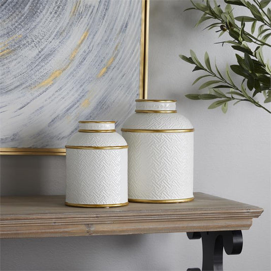 WHITE CERAMIC DECORATIVE JARS WITH GOLD ACCENTS,