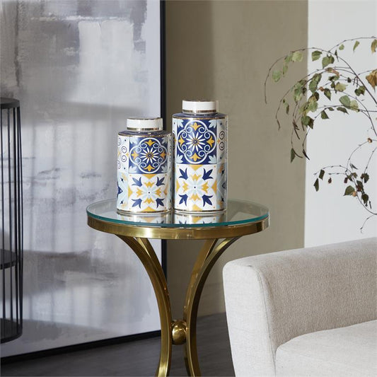 MULTI COLORED CERAMIC DECORATIVE JARS WITH SPANISH TILE PATTERNS