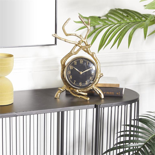 GOLD ALUMINUM CLOCK WITH BRANCH ACCENTS