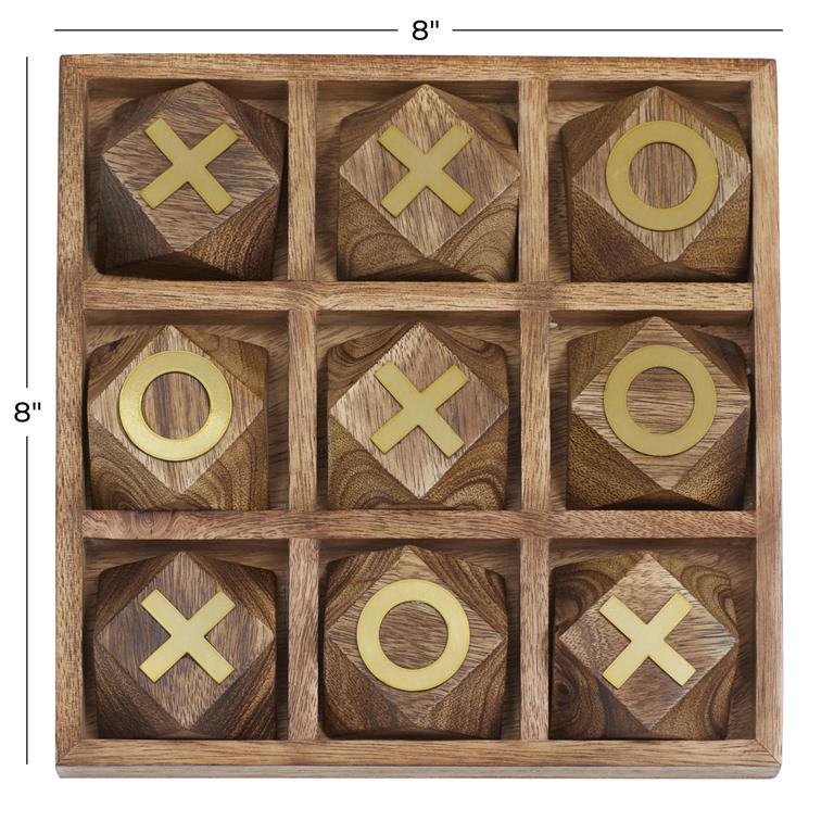 BROWN WOOD TIC TAC TOE GEOMETRIC GAME SET WITH GOLD INLAY