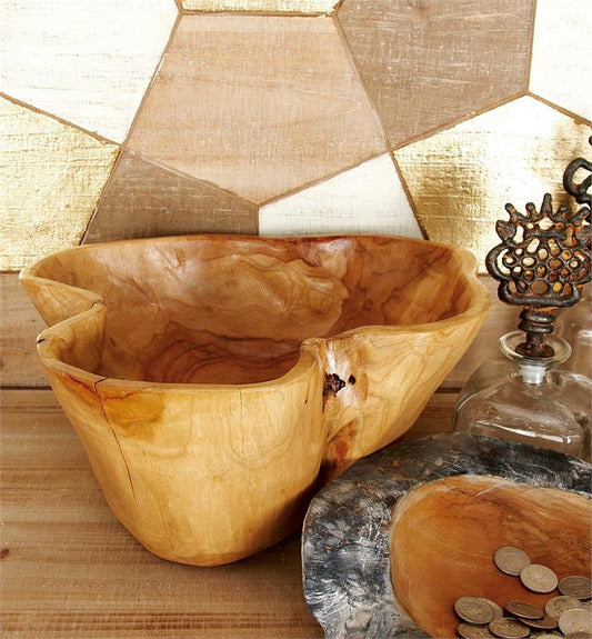 BROWN TEAK WOOD HANDMADE LIVE EDGE FREE FORM DECORATIVE BOWL,