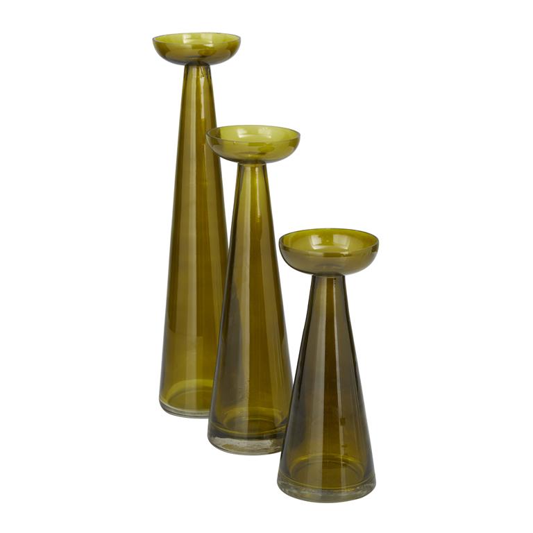 GREEN GLASS PILLAR CANDLE HOLDER, SET OF 3