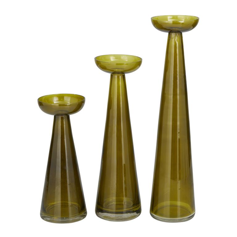 GREEN GLASS PILLAR CANDLE HOLDER, SET OF 3