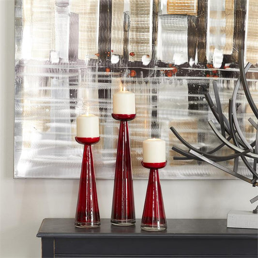RED GLASS PILLAR CANDLE HOLDER, SET OF 3