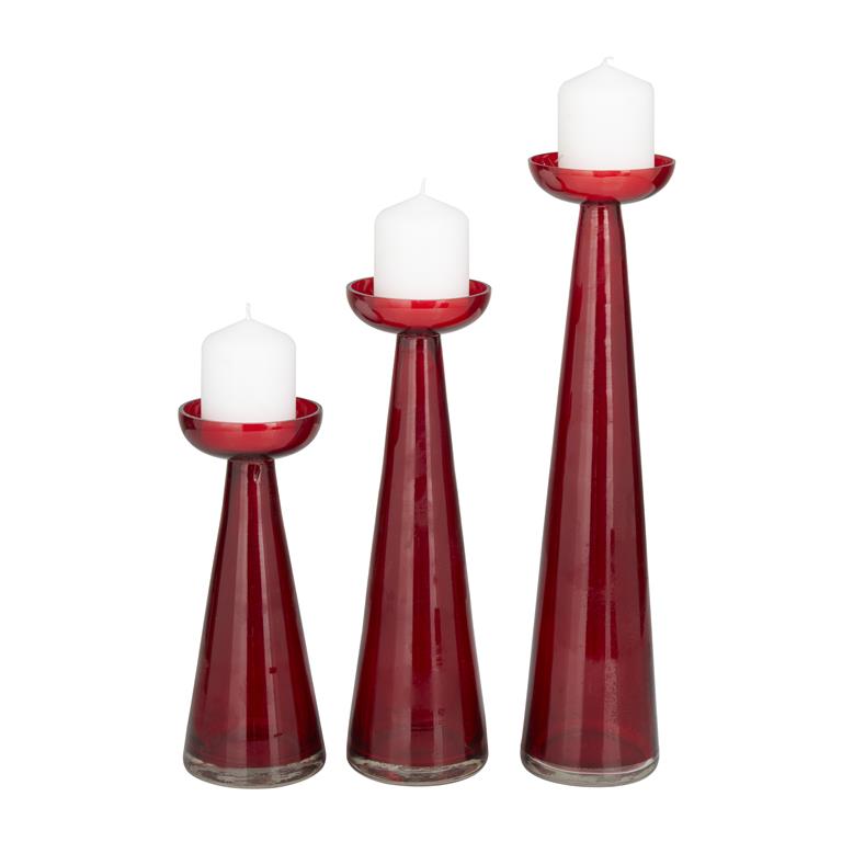 RED GLASS PILLAR CANDLE HOLDER, SET OF 3