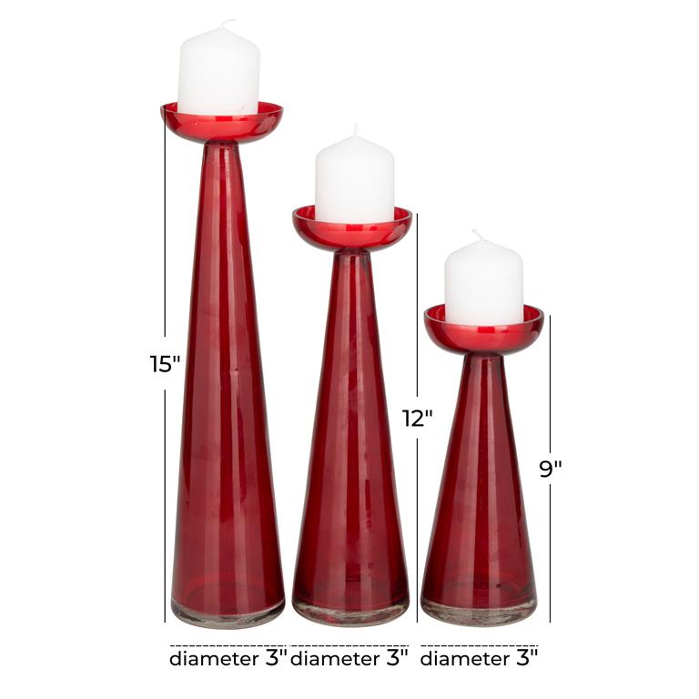 RED GLASS PILLAR CANDLE HOLDER, SET OF 3