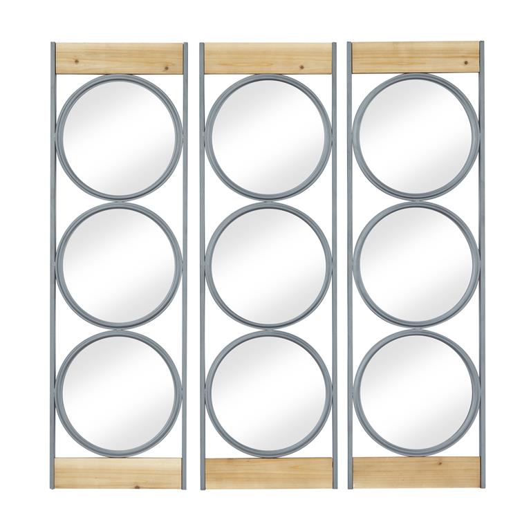 BLACK METAL WALL MIRROR WITH WOOD ACCENTS
