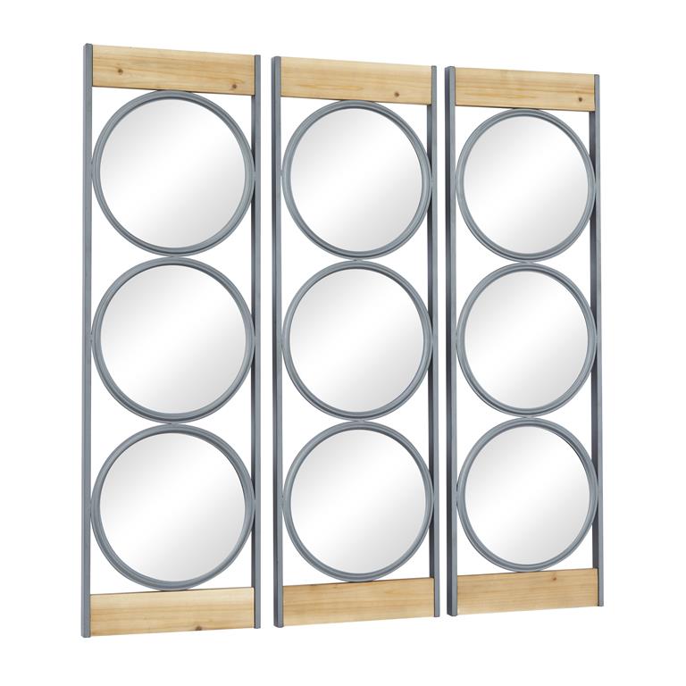 BLACK METAL WALL MIRROR WITH WOOD ACCENTS
