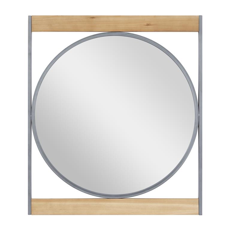 BROWN METAL WALL MIRROR WITH WOOD ACCENTS