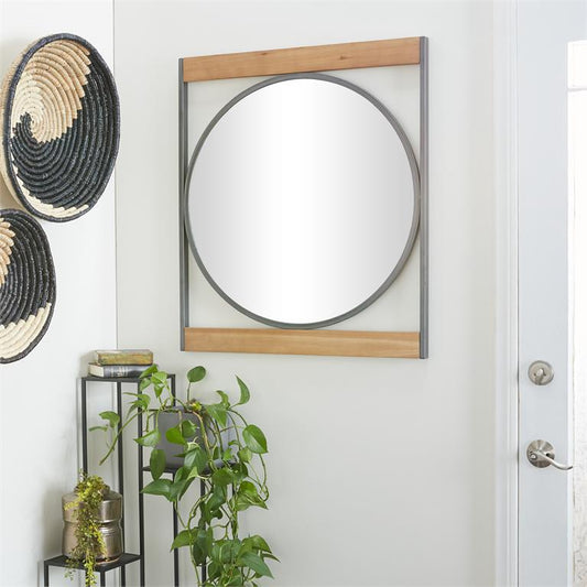 BROWN METAL WALL MIRROR WITH WOOD ACCENTS