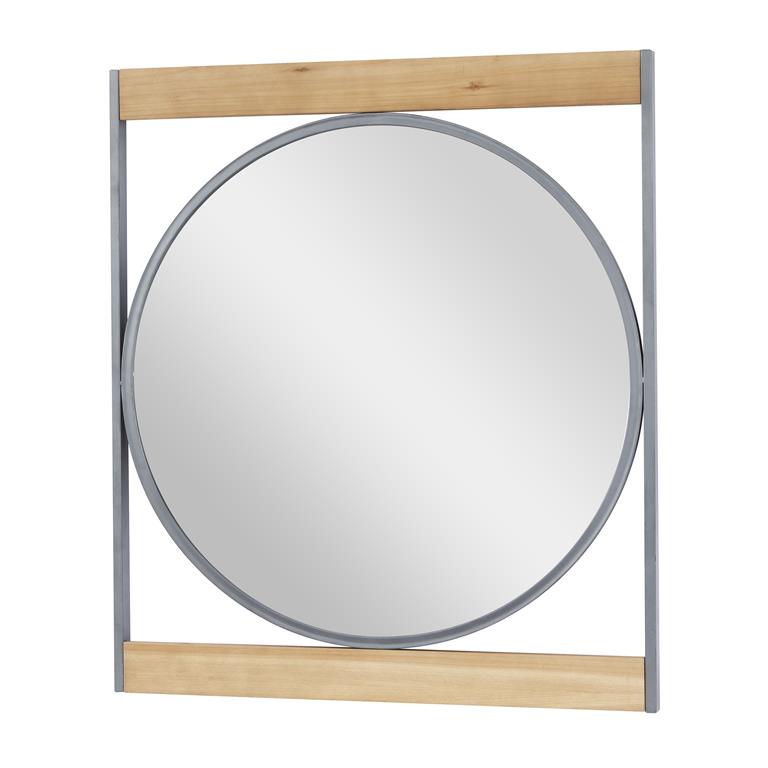 BROWN METAL WALL MIRROR WITH WOOD ACCENTS