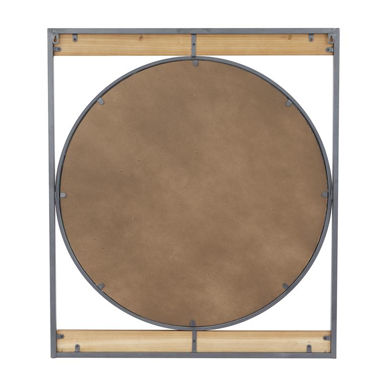 BROWN METAL WALL MIRROR WITH WOOD ACCENTS