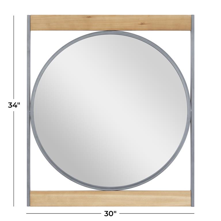 BROWN METAL WALL MIRROR WITH WOOD ACCENTS