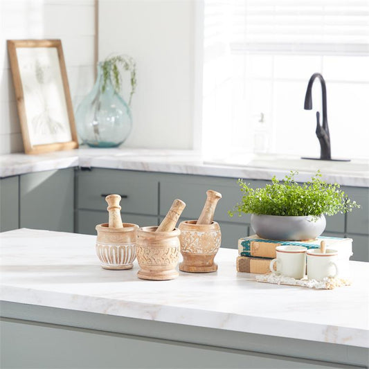 SET OF 3 BROWN MANGO WOOD COUNTRY COTTAGE MORTAR AND PESTEL 1 PIECE