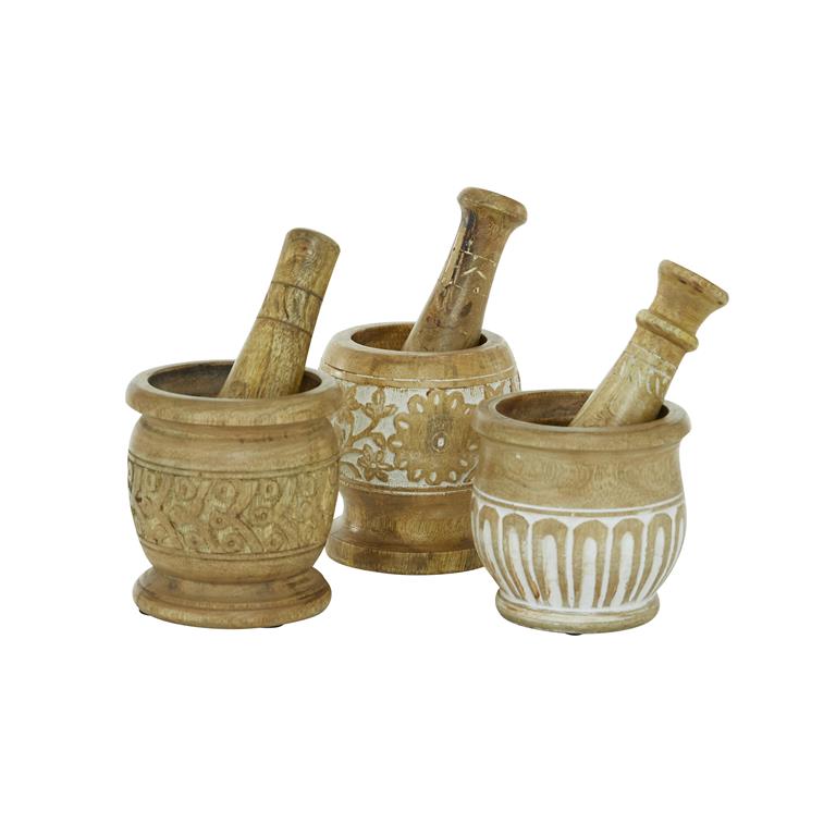 SET OF 3 BROWN MANGO WOOD COUNTRY COTTAGE MORTAR AND PESTEL 1 PIECE