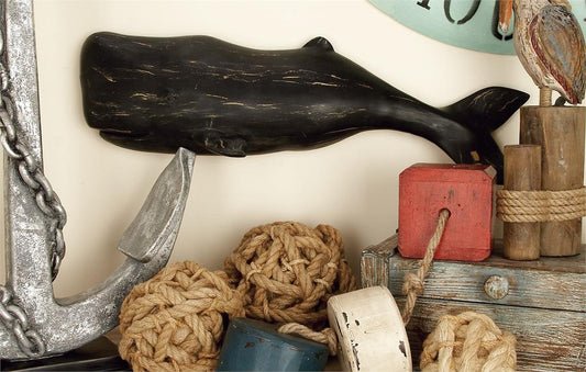 BLACK POLYSTONE WHALE WALL DECOR