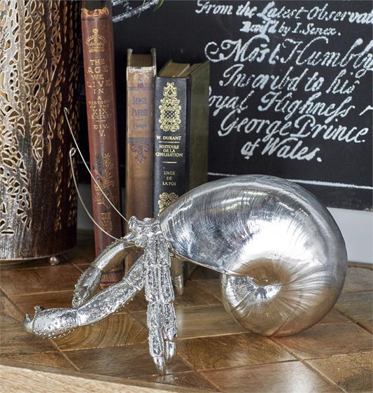 COASTAL SILVER POLYSTONE HERMIT CRAB SCULPTURE