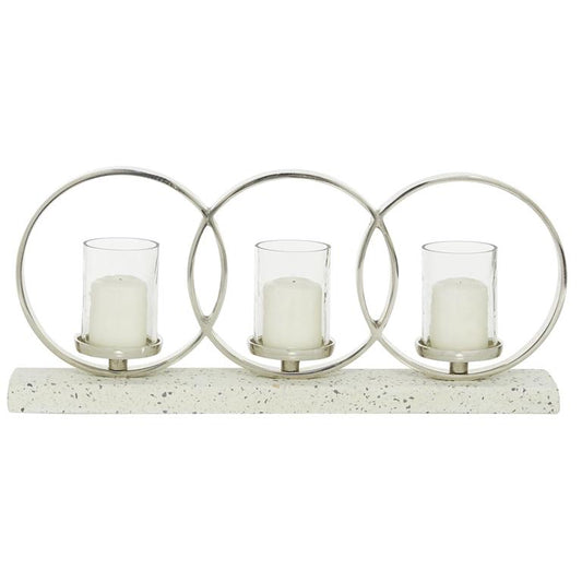 WHITE ALUMINUM PILLAR 3 GLASS SLEEVE CANDELABRA WITH ALUMINUM ACCENTS