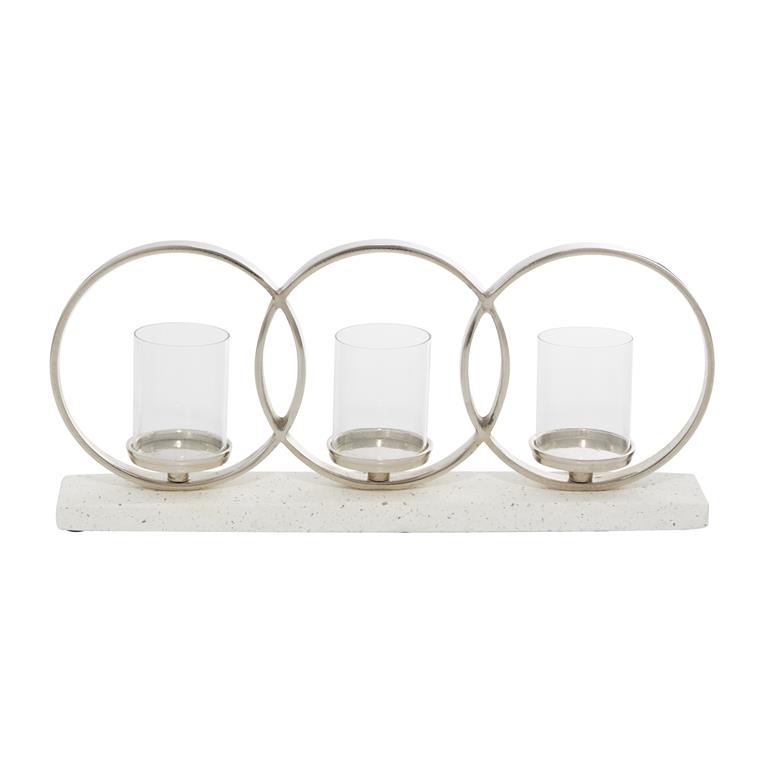 WHITE ALUMINUM PILLAR 3 GLASS SLEEVE CANDELABRA WITH ALUMINUM ACCENTS