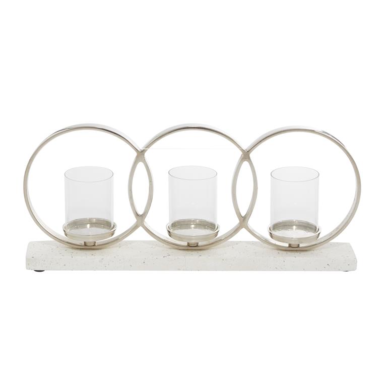 WHITE ALUMINUM PILLAR 3 GLASS SLEEVE CANDELABRA WITH ALUMINUM ACCENTS
