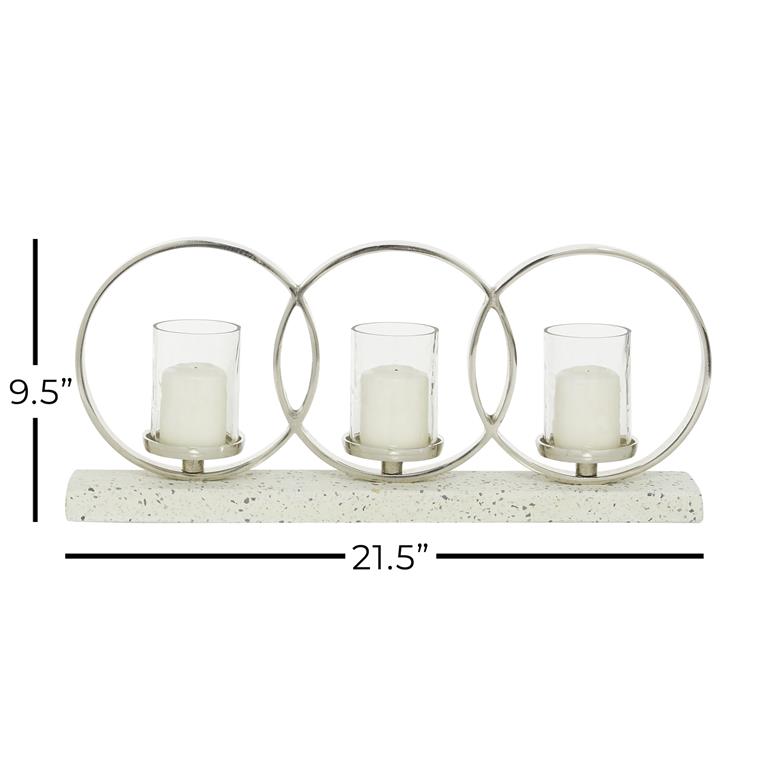 WHITE ALUMINUM PILLAR 3 GLASS SLEEVE CANDELABRA WITH ALUMINUM ACCENTS