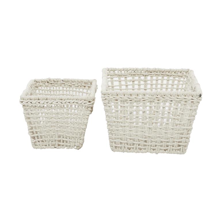 COSMOLIVING BY COSMOPOLITAN WHITE COTTON HANDMADE STORAGE BASKET WITH HANDLES