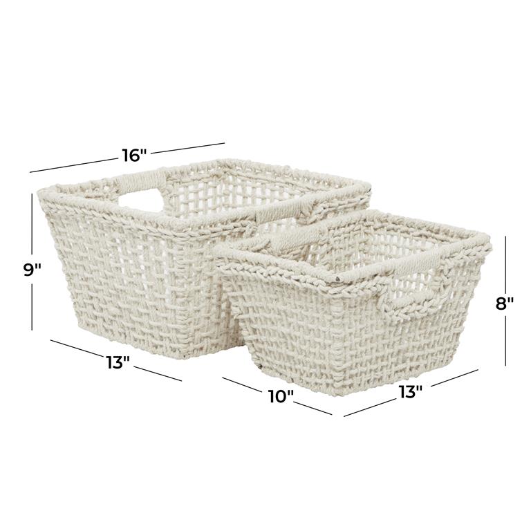 COSMOLIVING BY COSMOPOLITAN WHITE COTTON HANDMADE STORAGE BASKET WITH HANDLES